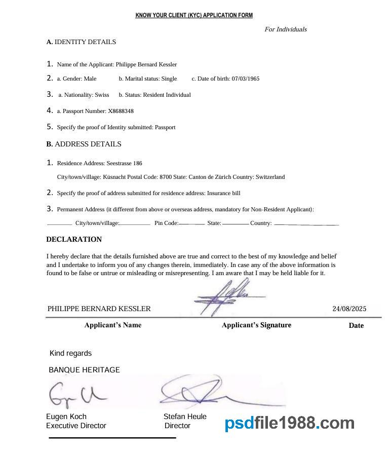 Switzerland Banque Heritage Know Your Client (KYC) Application Form